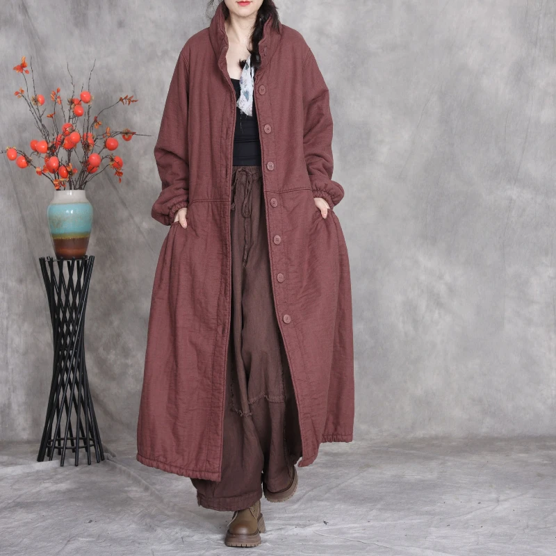 الوقوف طوق المرأة معطف طويل غير رسمي خمر نمط فضفاض القطن مبطن فضفاض دافئ الركبة طول سترة واقية معطف متوسط الطول #2