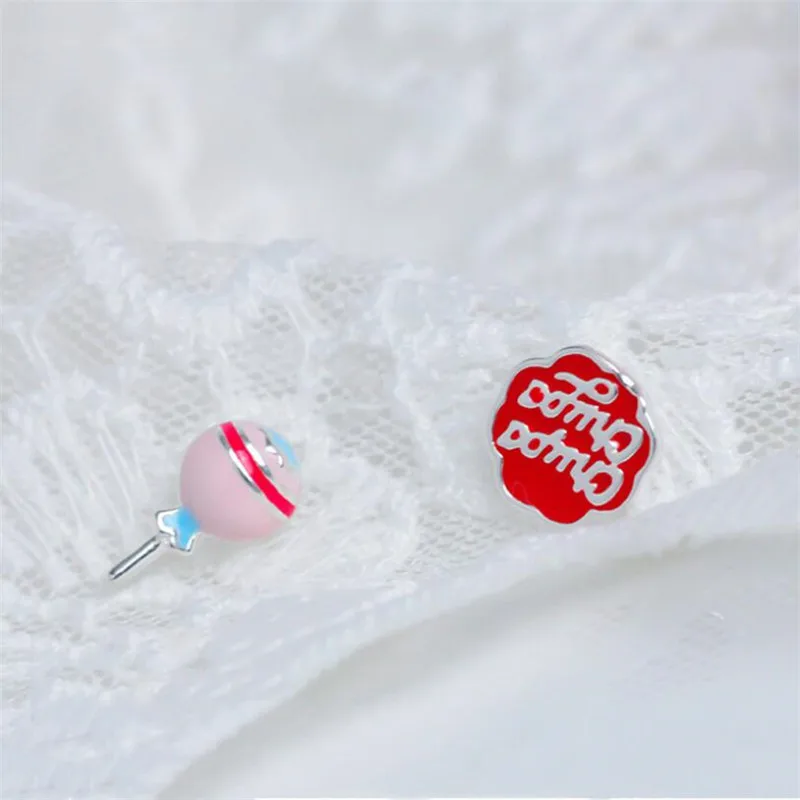 New Fashion Sweet And Lovely Lollipop Sugar 925 Sterling Silver Jewelry Asymmetric Pink Candy Popular Epoxy Stud Earrings E194