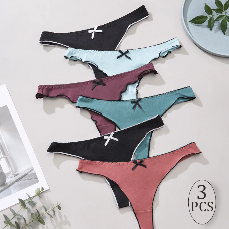3pcs Women'S Cotton Cute Sexy Underwear Solid Color Rolled Edge Bow Thong Fashionable Comfortable Breathable Daily Thong