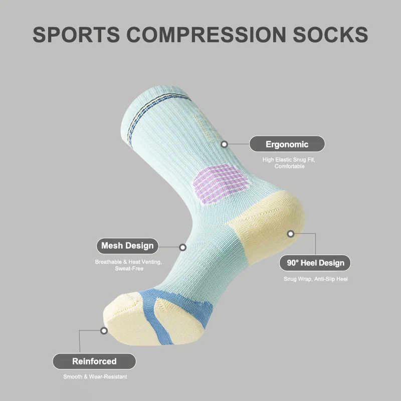 Women Knee High Sports Compression Socks, 90° Right Angle Heel, Breathable Mesh Reinforced High Elastic Socks for Running Jump R