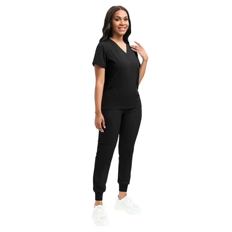 Donne scollo a v manica corta Scrub uniformi infermieristiche chirurgiche infermiera tasca abbigliamento da lavoro dentista uniformi mediche clinica Scrub Suit