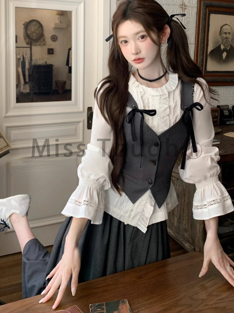 Autumn Preppy Style Three Piece Set Women Design Sweet Slim Solid Vintage Set Female Korean Fashion Ruffle Retro Skirt Set New