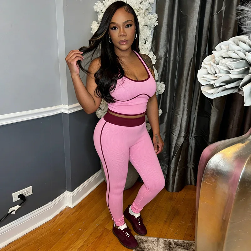 

Color Patchwork Ribbed Fitness Workout 2 Piece Set Women Sexy Tanks Crop Tops + High Waist Skinny Pants Tracksuits Streetwear