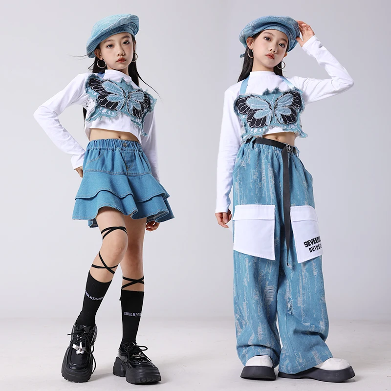 Kids Kpop Hop Clothing Crop Tops Casual Patch Ripped Jeans Pants Skirt For Girls Jazz Dance Costumes Clothes