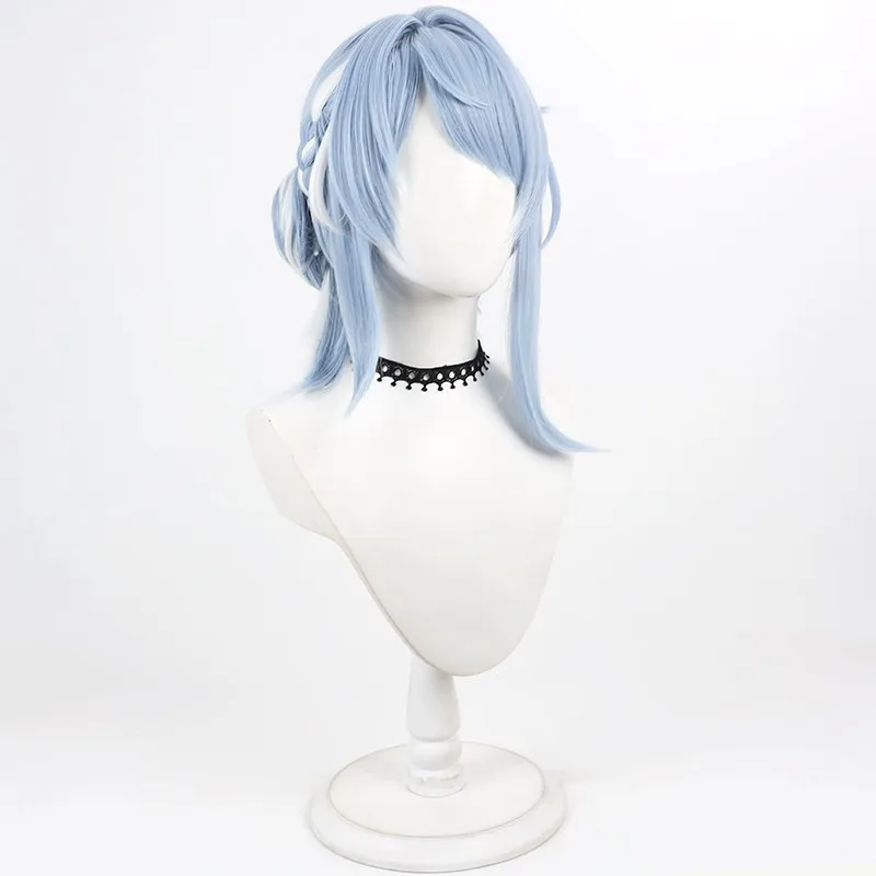 Genshin Impact Odette Cosplay Wig Blue White Short Braided Hair Bun Hair Heat Resistant Wigs for Halloween Carnival Free Wig Cap