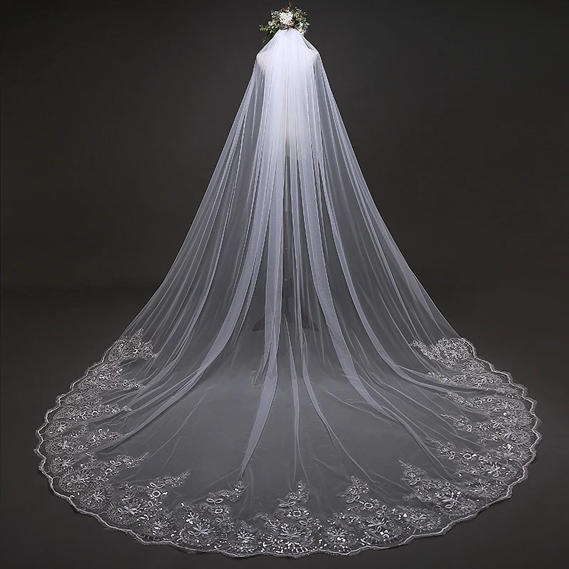 

3 Meter Cathedral Wedding Veils Long Lace Edge Bridal Veil with Metal Comb 2022