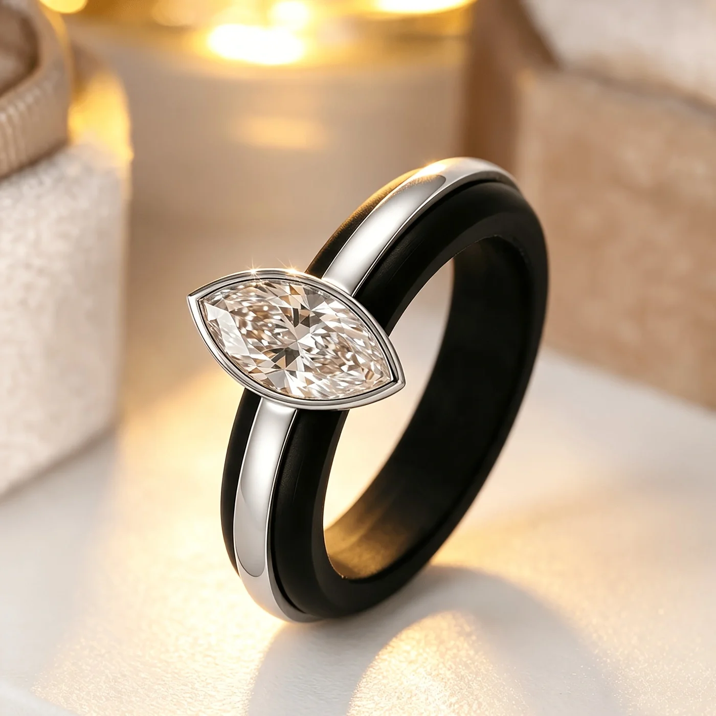 Bezel‑Set Marquise CZ Silicone Metal Ring,Waterproof Skin‑Friendly Pressure Relief Band,Daily Casual Women Finger Jewelry