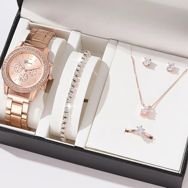 5PCS Set Rose Gold Luxury Watch Women Ring Necklace Earring Rhinestone Fashion Wristwatchistwatch Casual Ladies Bracelet Watches