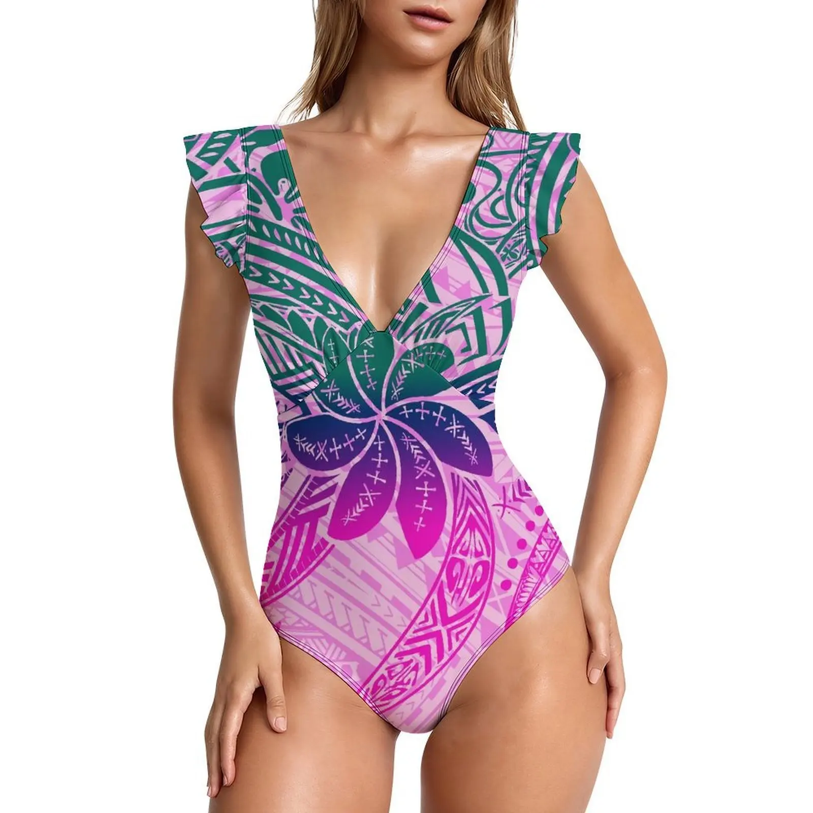 

Сексуальный женский слитный купальник с V-образным вырезом и рюшами на рукавах, с индивидуальным дизайном в этническом стиле - Полинезийское оптовое бикини