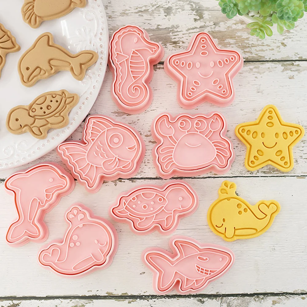 8Pcs Sea Animals Cookie Cutter Mermaid Party Stamp Molds Whale Turtle Cookie Type Kid Birthday Party Baking Biscuit Accessories