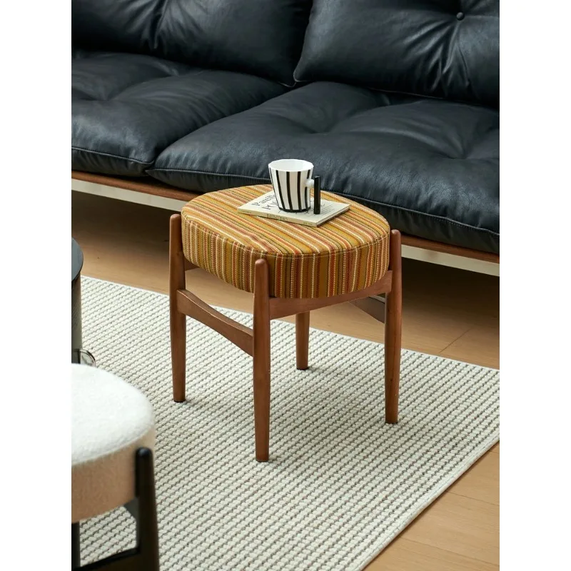 Scandinavian Wabi Sabi Vanity Stool Solid Wood with Elliptical Sheepskin Cushion Chinese Inspired Bedroom Accent Seat