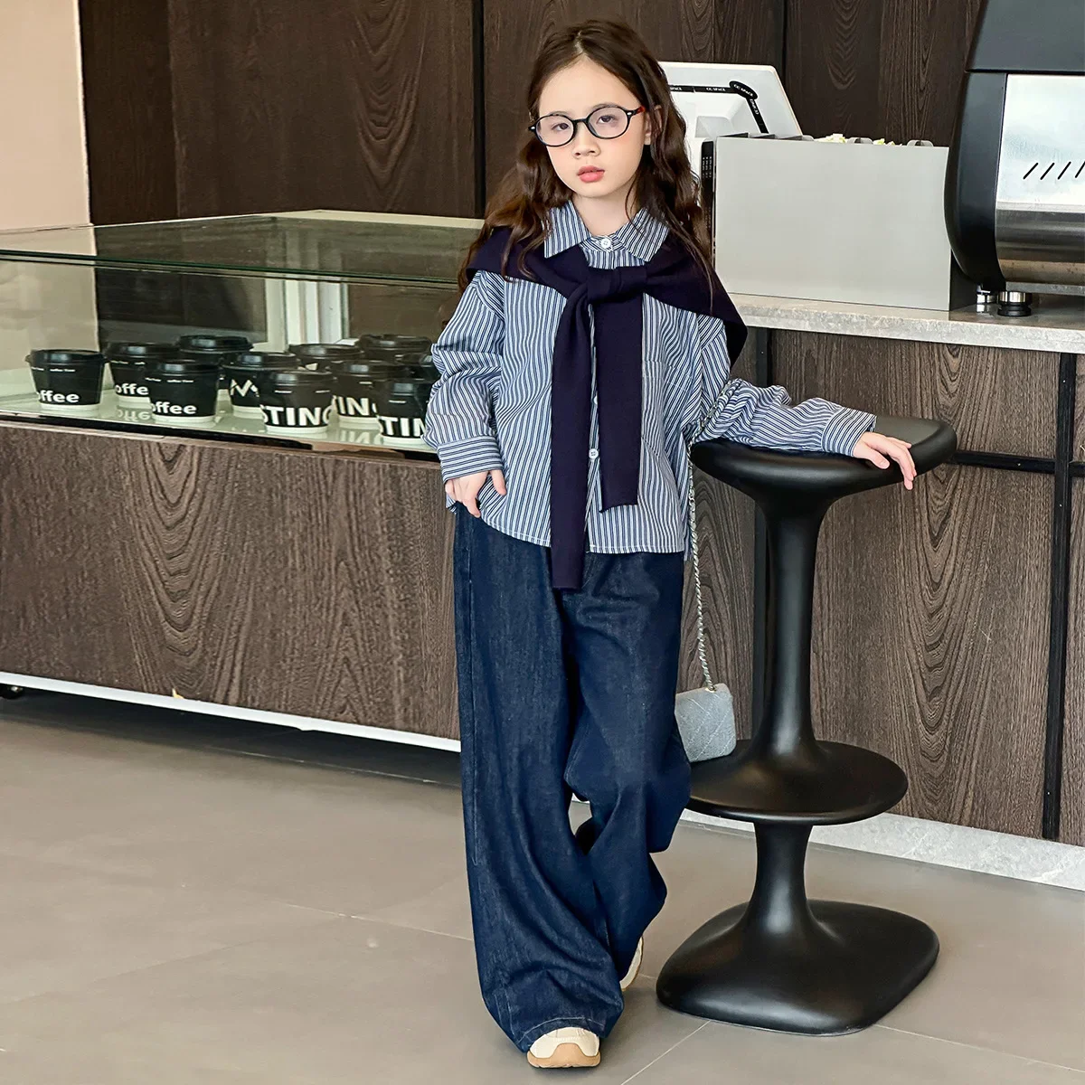 

Baby Girl Clothes Suit Girls 2024 Big Kids Style Set Striped Shirt Fake Two Denim Straight Leg Pants Fashion Three-piece Set