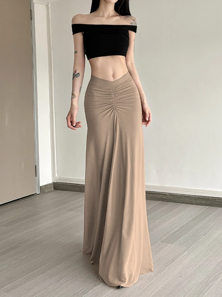 

Solid Color Long Skirts For Women Streetwear Bodycon Falda Sexy Mujer Folds Korean Fashion Clothing Floor Length Summer Dress