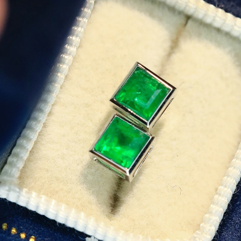 Aazuo Fine Jewelry 18K Solid Yellow Gold Natural Emerald Classic Square Stud Earrings Gifted for Women Engagement Wedding Party