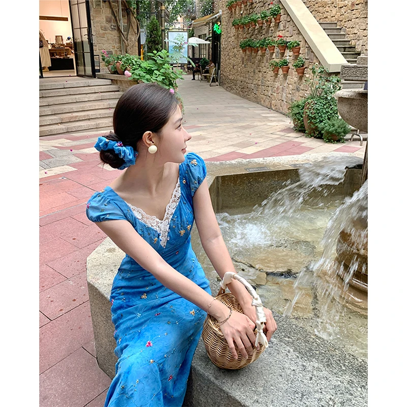 Vintage Floral Midi Dress Women Vacation Sexy Lace Patchwork V Neck Dresses Summer Elegant Puff Short Sleeve Bodycon Vestidos