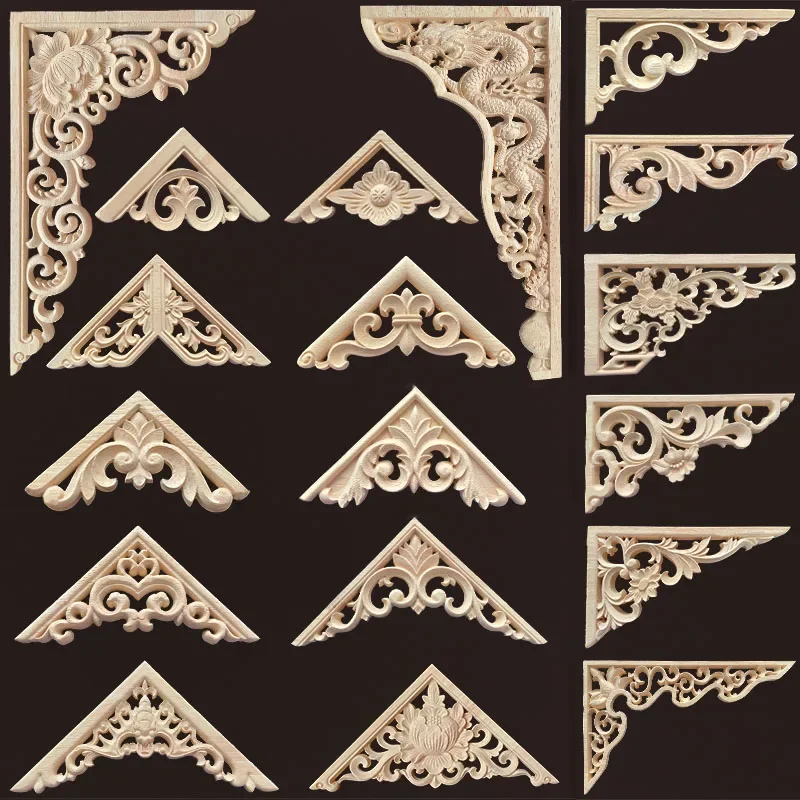 Wood Corner Joint Onlay Applique Wood Decals for Furniture Home Decoration Luxury Unique Natural Floral Wood Carved Figurines