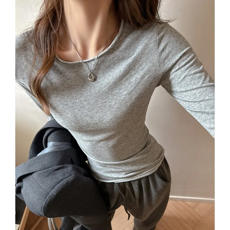 Women Round Neck Rolled Edge Shoulder Fit Long Sleeve T Shirt Simple Casual Autumn Winter Inner Top