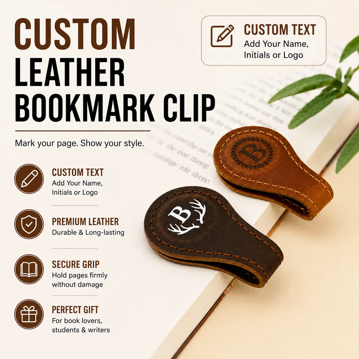 Luxury Chic Custom Magnetic Leather Book Clip Personalized Text Print Smooth Leather Reading Marker For Book Lovers School
