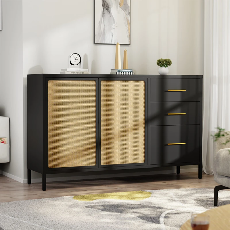 ！@Rattan Steel Storage Cabinet Modern Dining Sideboard with 3 Drawers & 2 Doors Foldable Multi-functional Home Furniture