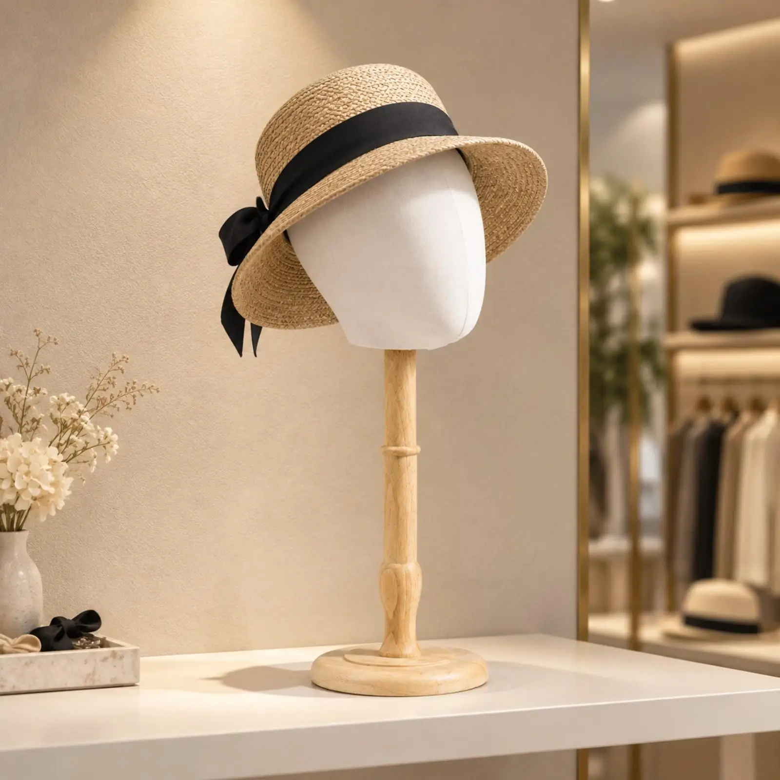 Cotton Head Form Hat Stand Wooden Base Mannequin Display Head Pin Friendly for Accessory Showcase Counter