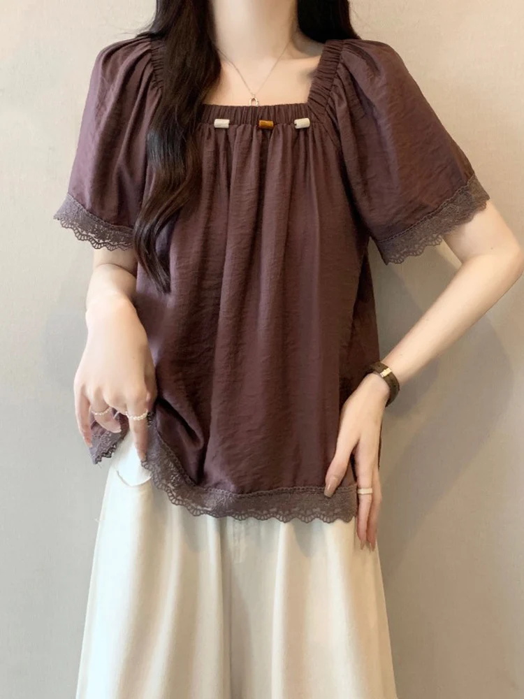 

Purple Lace Trim Short Sleeve Square Collar Doll Shirt Women's Summer New Style Korean Version Loose Fit Commute Wind Shirt