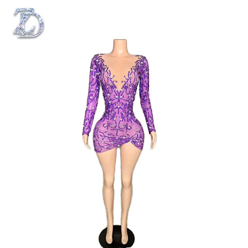 

ZD Hip Short Skirt Singer Dance Team Nightclub Bar Performance Costume Pink Dance Full Diamond Tight Sexy Mesh Wrap