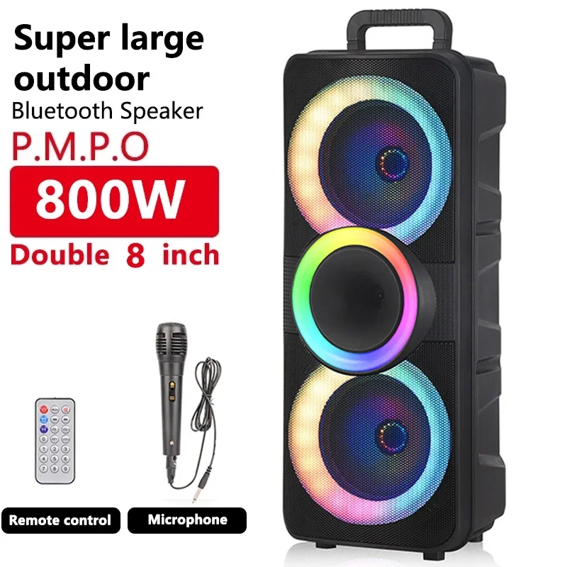 

800W Dual 8 Inch Flame Lamp Outdoor Audio Karaoke Partybox RGB Bluetooth Speaker Colorful LED Light with Mic Remote Subwoofer FM