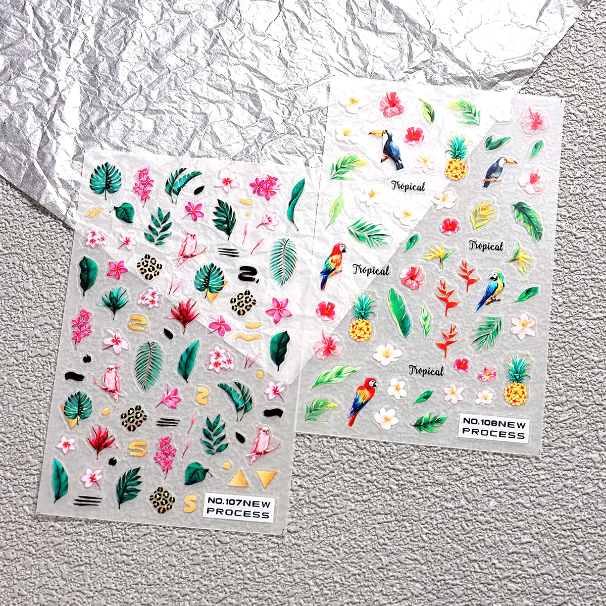 Green Palm Leaf Nail Stickers, Frangipani and Parrot Design Nail Decals, Perfect for Tropical-Themed Nail Art Decorations.