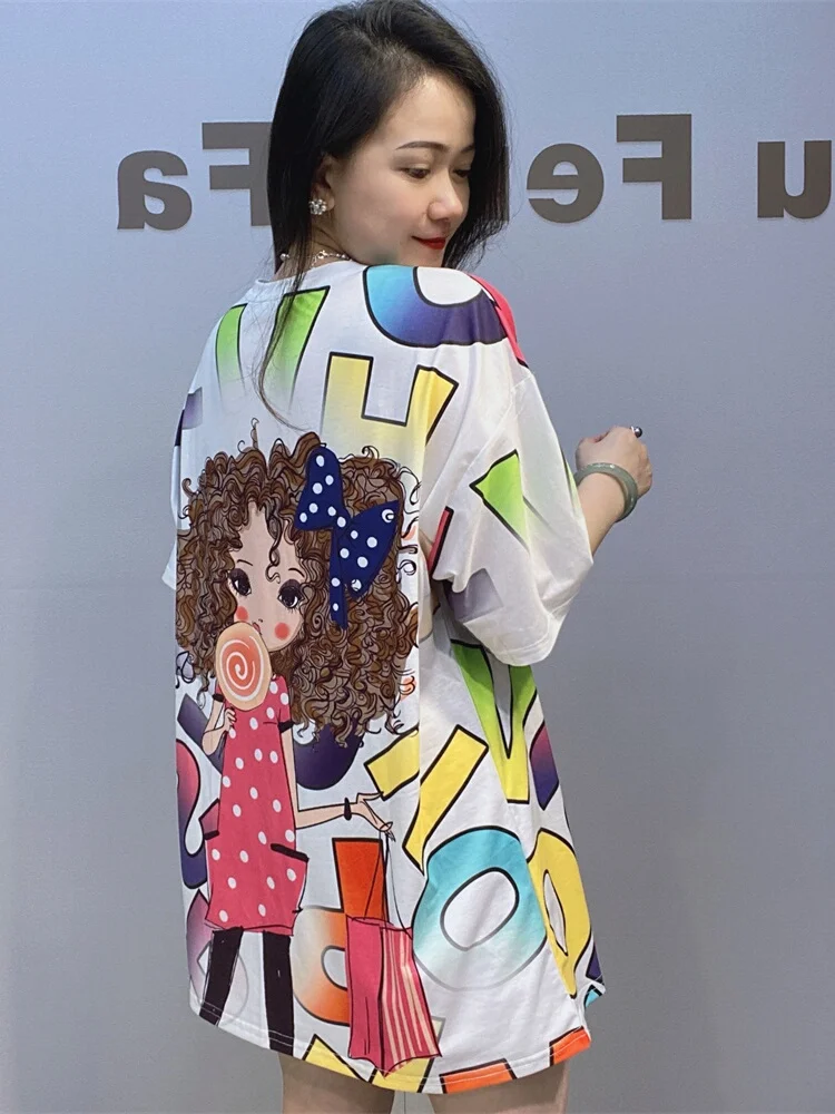 تي شيرت نسائي قطني بارد بأكمام قصيرة على الطراز الكوري لفصل الصيف مع طباعة ثقيلة وخرز بمقاسات كبيرة #4