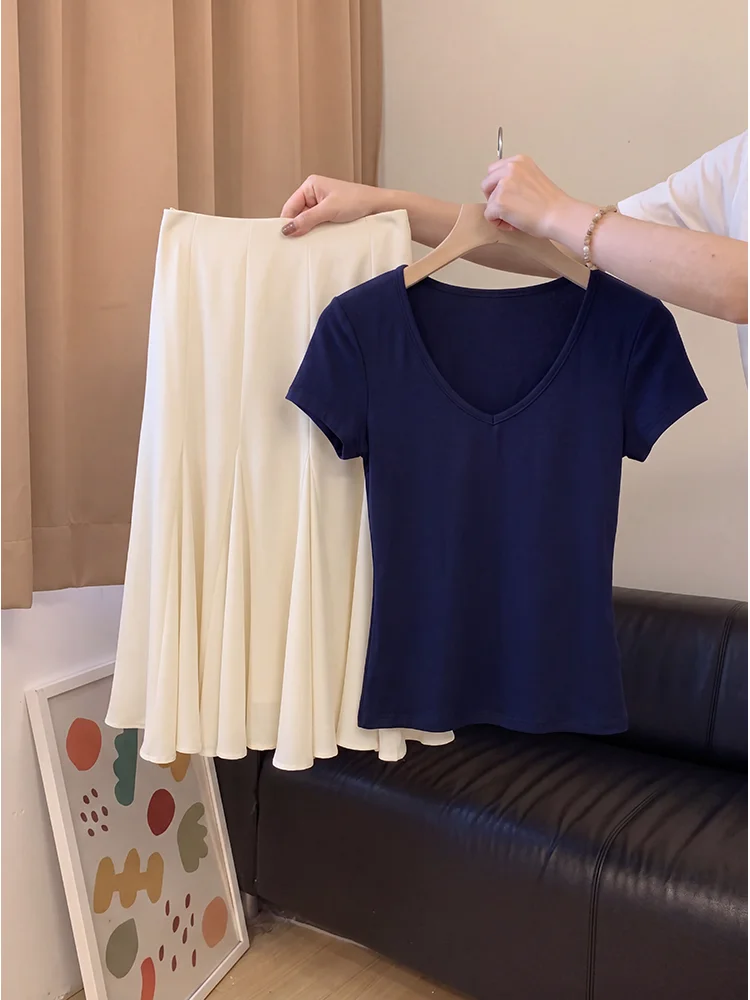 

Summer New Pure Desire Spicy Girl Short Sleeve T Shirt Top with Gentle Style Half Skirt Two Piece Set Women's Fashion Casual ...