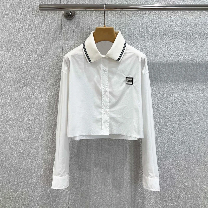 High-End Women's Long Sve White irt Cardigan Casual Versatile Top Moisture ng Ci Walk ort Length  Collar Bu...