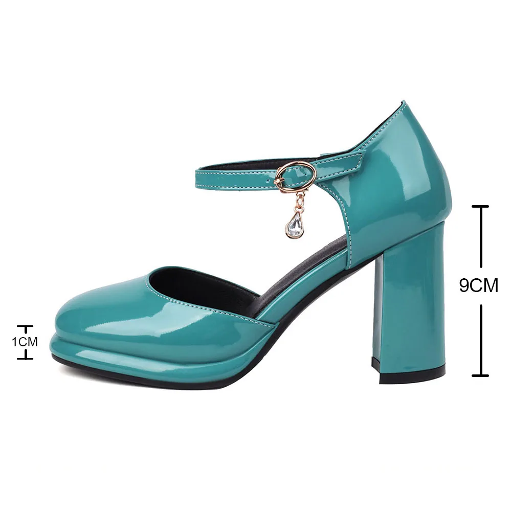 free shipping New Platform Square Toe Lady Pumps Blue Women Shoes 8cm Chunky Heels Buckle Pumps Size 33-45 Chaussures de Femme