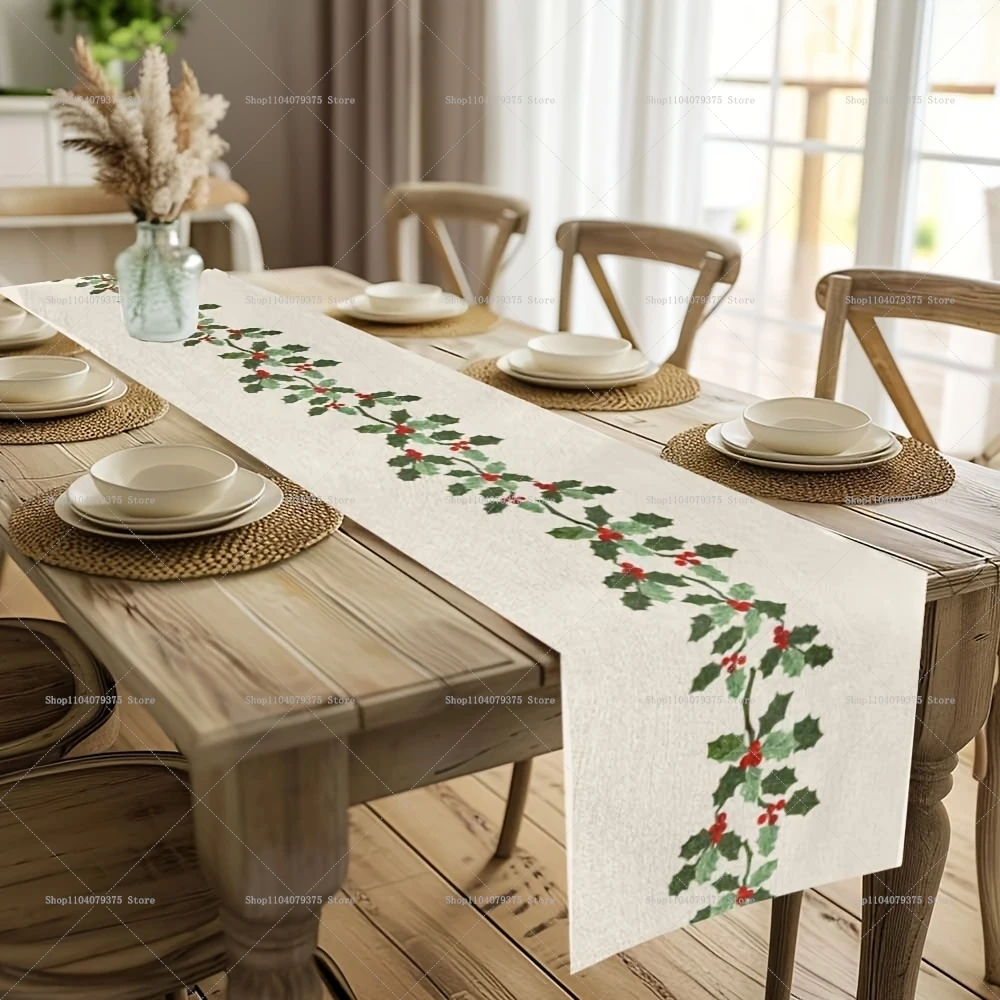 

Hand-Painted Holly Berry Christmas Table Runner With Red Berries & Green Leaves Durable Polyester Rectangular Tablecloth
