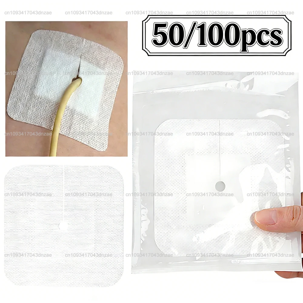 

50/100Pcs Medical Drainage Tube Sterile Wound Dressing Non-Woven Patch with Hole for Renal Puncture Urinary Catheter Fixation