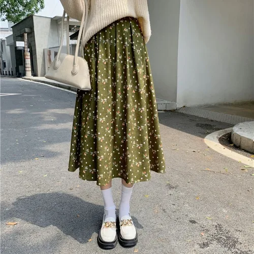 

Women 2024 Autumn Winter Fashion Retro Floral Corduroy Clothes Female Loose Swing Skirt Ladies High Waist Long Print Skirts Q980