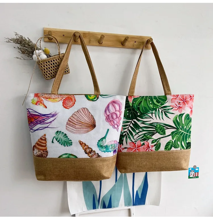 المرأة حقيبة يد الشاطئ بولسا الأنثوية عطلة الصيف سعة كبيرة الكتف قماش زهرة حمل حقيبة حقيبة تسوق محمولة