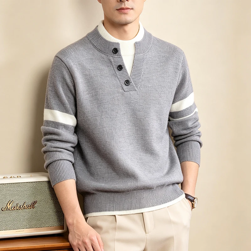 Amerikanischer Retro V-Ausschnitt Strickpullover für Herren, Neuheit 2026, Fake-Zweiteiler Gestreifter Kontrast-Pullover, Hochwertiges Casual-Oberteil – Detail 2