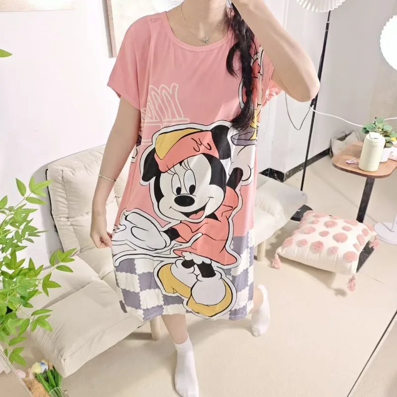 Mickey Mouse Pajamas Disney Summer New Pajamas Pink Checked Mickey Mouse Crew Neck Pajamas Cartoon Sweet Loungewear Student