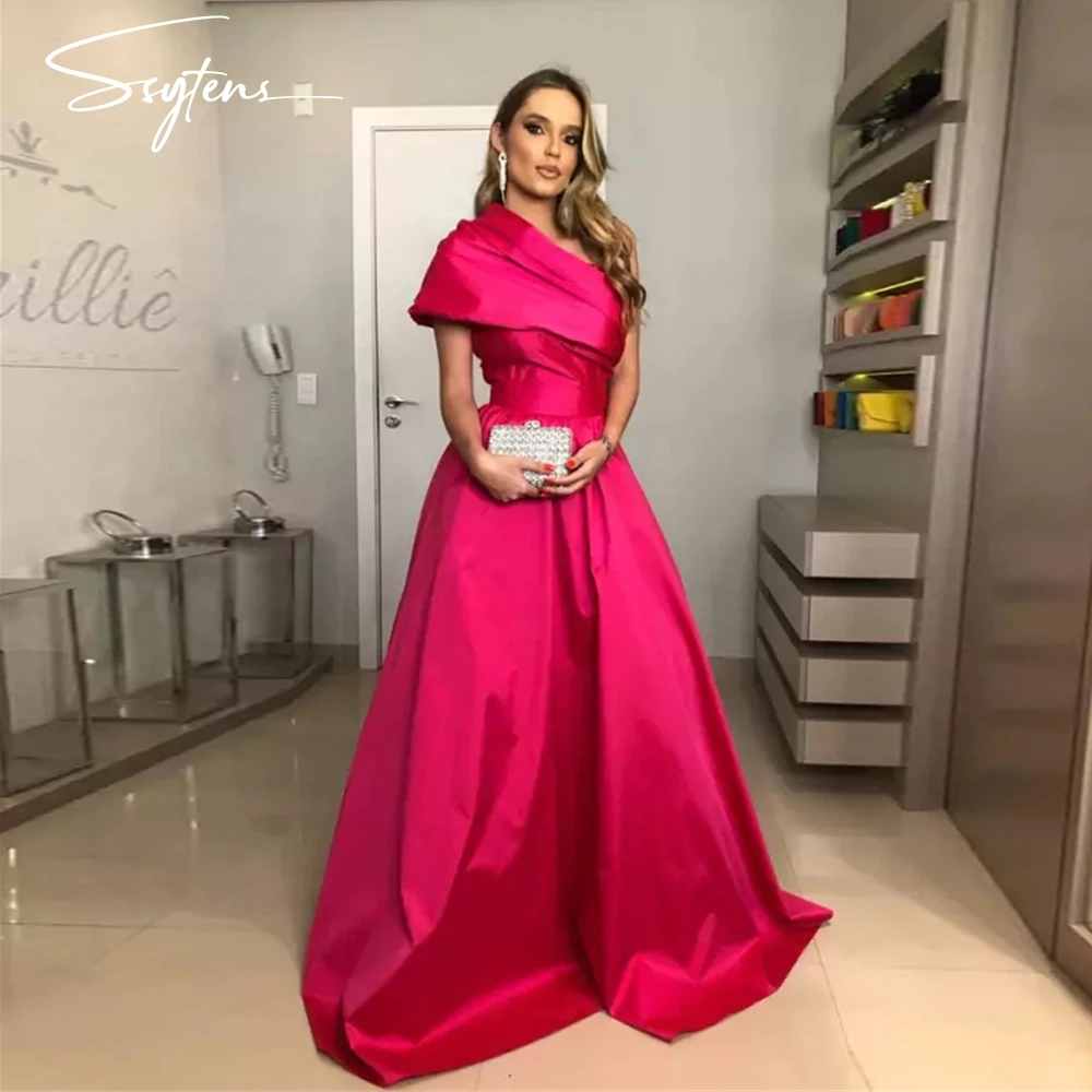 

Vintage Fuschia Satin Formal Evening Dresses Long One Shoulder Saudi Arabic Women Prom Gowns A Line Robe de soiree Abendkleider