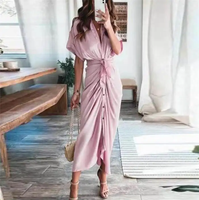 Sexy Slim Fit Lange irt Dr Midi Bluse Damen Street Sle V Ne High Waist ort Sve Blumendruckkleid mit Falten...