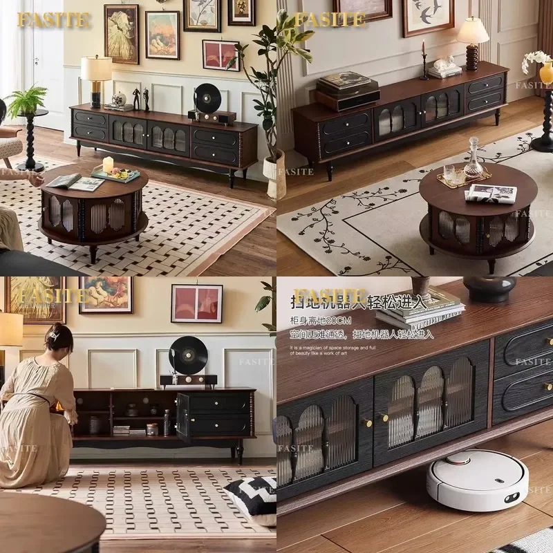 For Living Room French Retro Style Solid Wood Black Floor to Ceiling TV Cabinet Wall Integrated Storage Locker Home Furniture