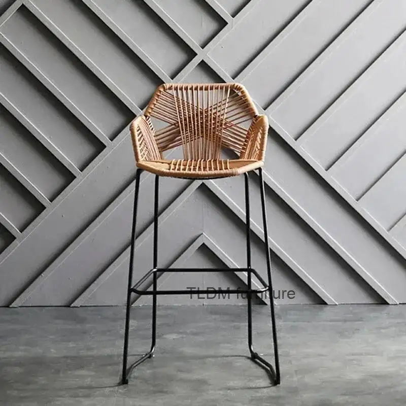 Cadeiras Modernas de Ferro Forjado, Banquetas Altas para Cozinha, Móveis de Bar Nórdicos, Cadeira de Rattan PP para Casa, Café, Restaurante ao Ar Livre