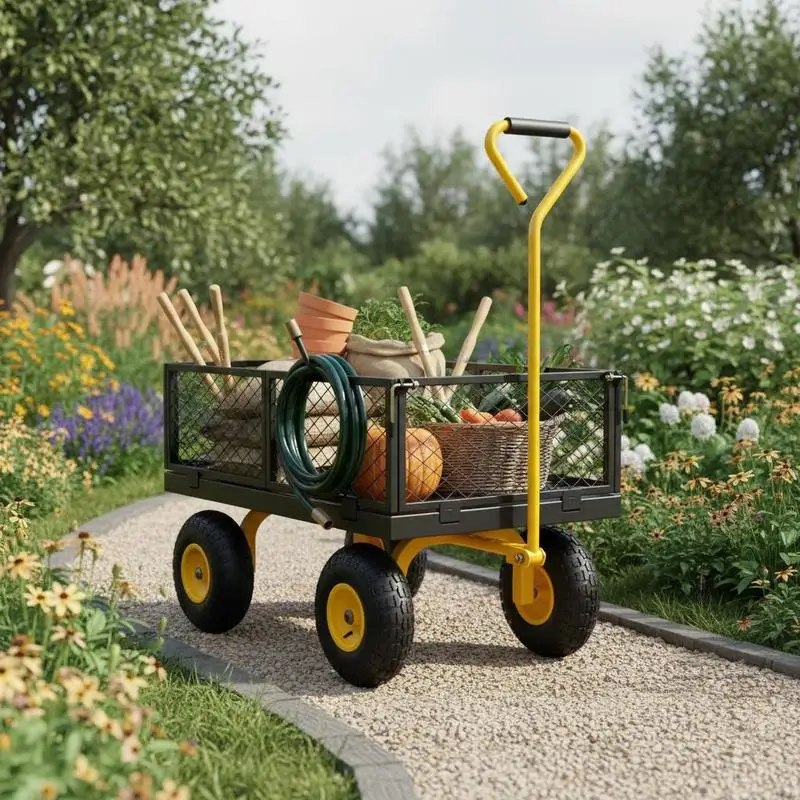 Steel Garden Cart 900 Lbs For Yard Work Lawn Care Outdoor Transport Heavy Duty Metal Frame 10 Inch Tires Mesh Sides Flatbed Conversion 180 Degree Rotating Handle Carry Tools Equipment Plants