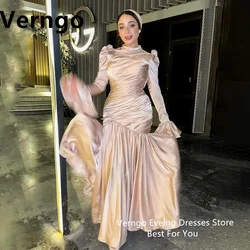 Verngo Champagne Satin Shiny Prom Gowns For Women High Neck Mermaid Party Dress Saidi Arabic Long Sleeves Formal Occasion Gowns