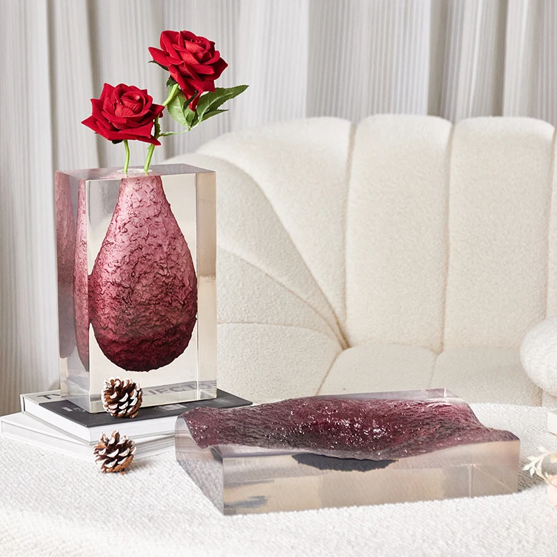 Modern Elegant Style Resin Creative Transparent Red Flower Pot Vase For Home Decor Vase Set