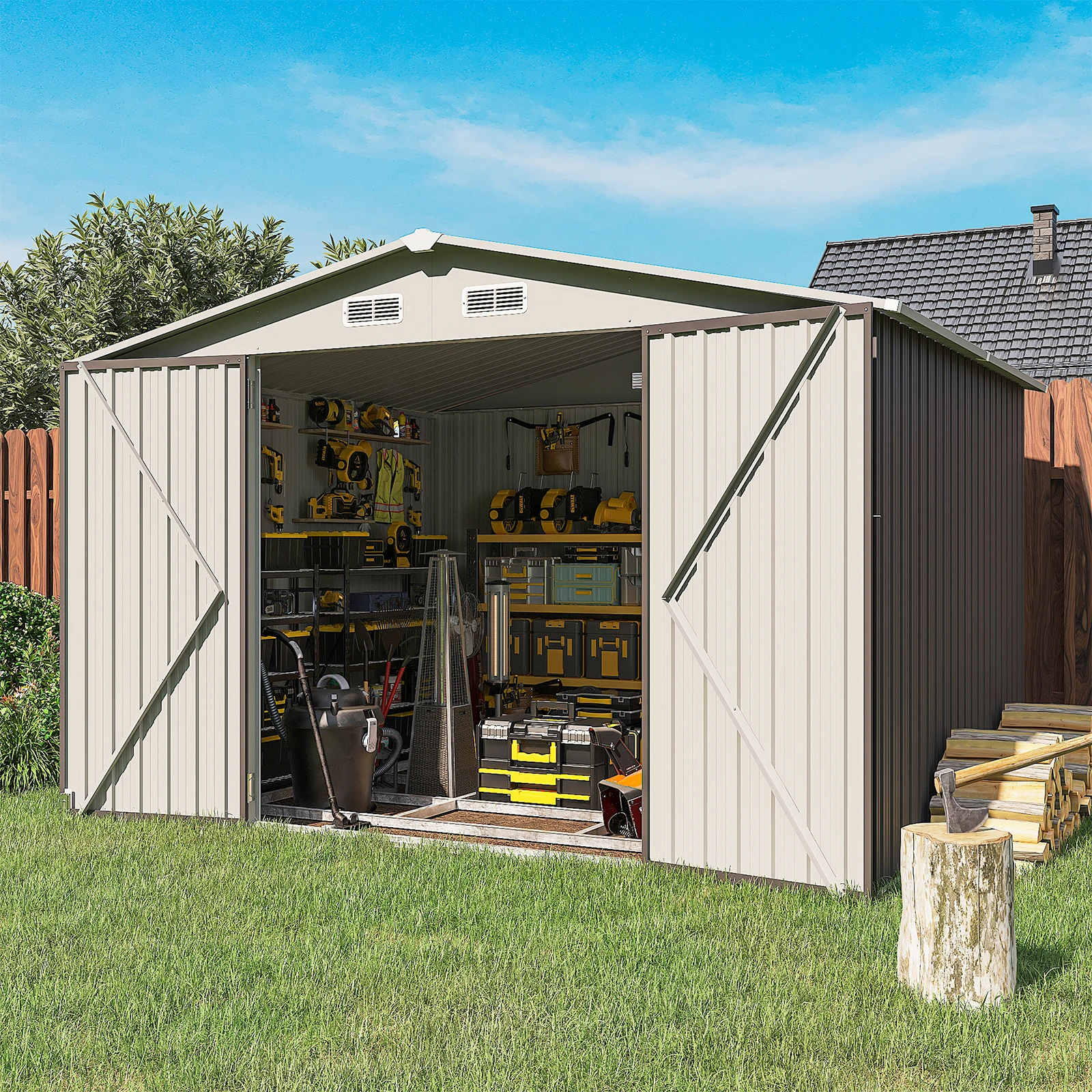 10 FT x 8 FT Outdoor Storage Shed, Steel Utility Tool Shed Storage House with Door & Lock for Backyard Garden Patio Lawn, Gray