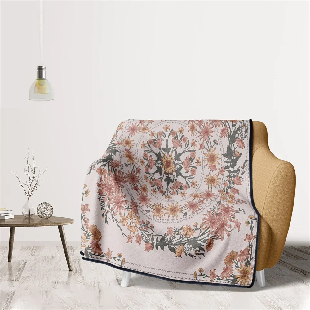 Home Bohemian Floral Pattern Blanket Flannel Warm Plush Blanket for Chairs Sofas Offices Travel Camping Children's Adult Gift