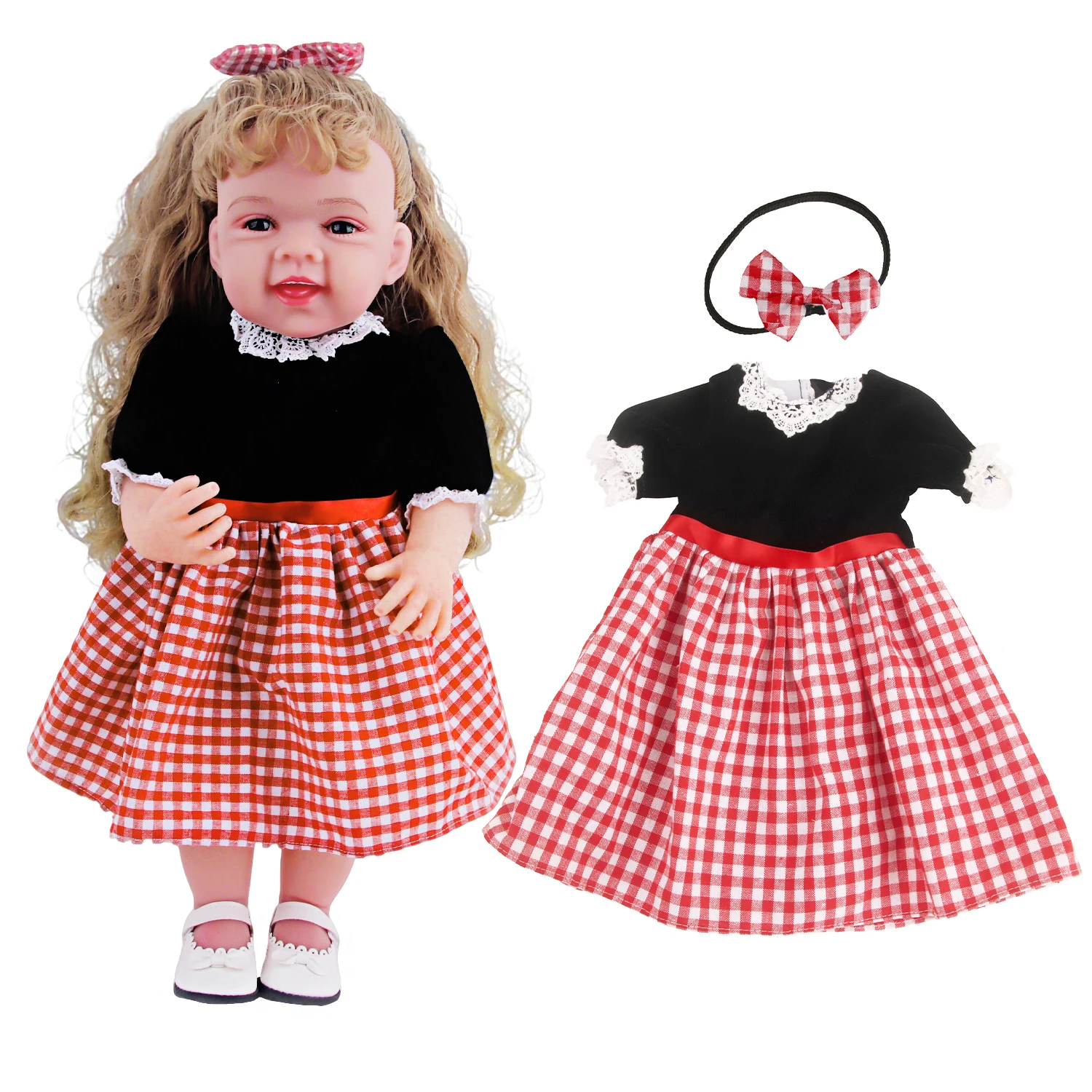 Ropa de muñeca Reborn de 55cm, vestido a cuadros de encaje + traje con diadema, traje para bebés recién nacidos de 22 pulgadas, accesorios, juguete de oso