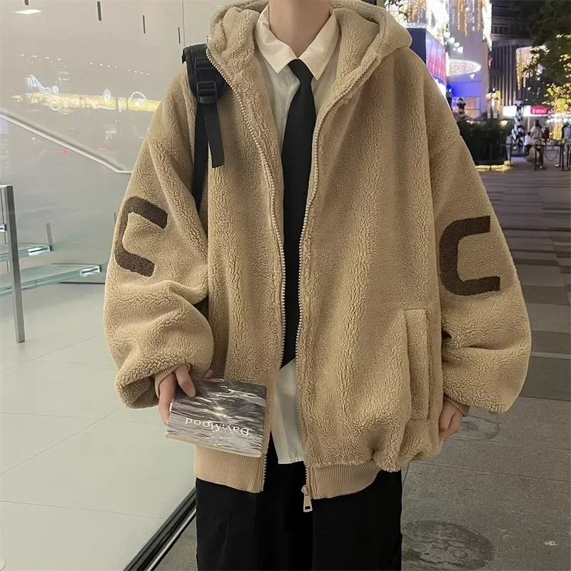 Hooded Warm Coat Men\'s Lamb Fleece Coat 2024 Autumn Winter New Preppy Style Thickened Solid Winter Jacket Men Zip-up Clothing