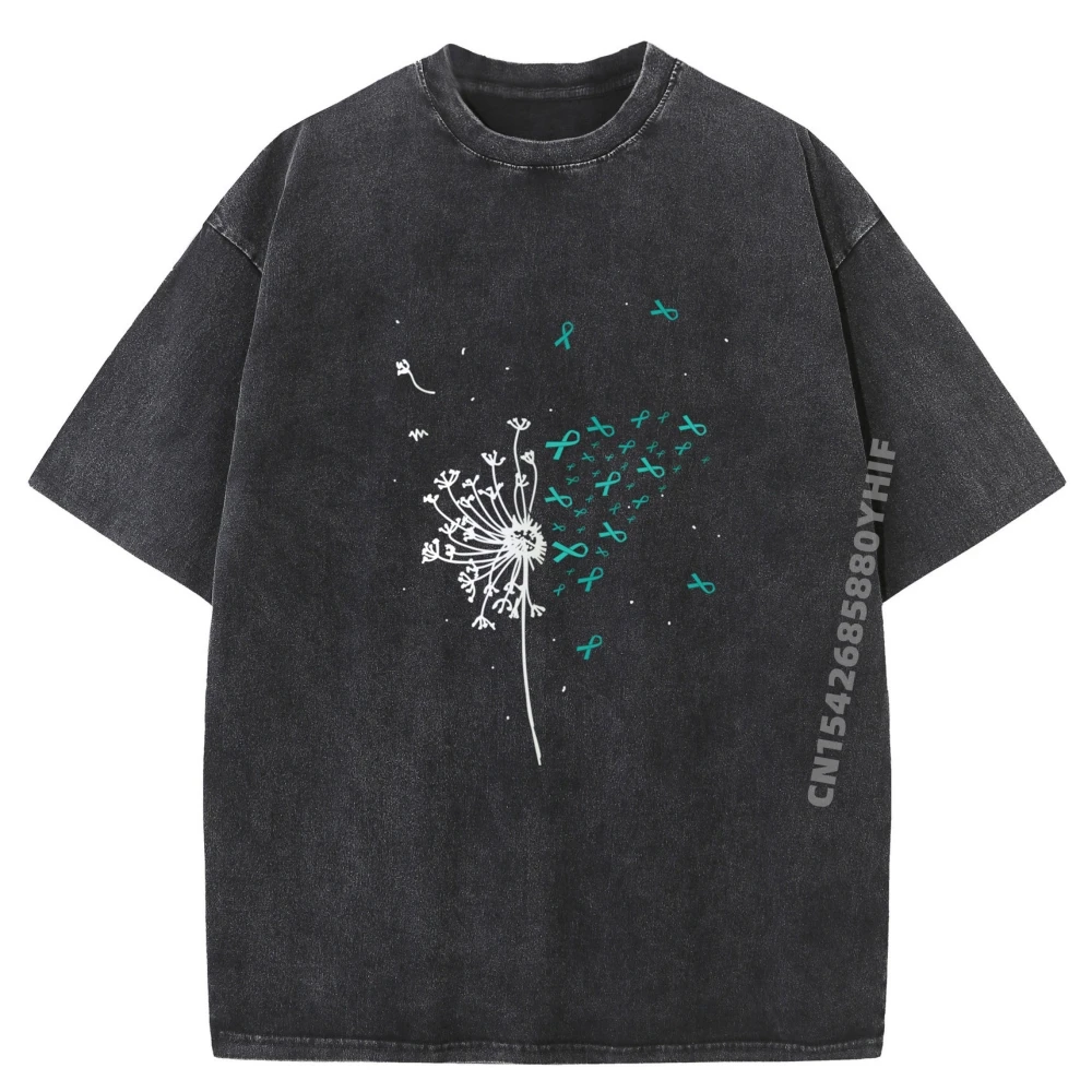

Dandelion Teal Ribbon Cool Ovarian Cancer Awareness Funny T Shirts Couples Anime Graphic Shirts Mens Casual Washed Clothes